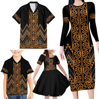 Gold Aotearoa Mangopare Kowhaiwhai and Niho Taniwha Family Matching Long Sleeve Bodycon Dress and Hawaiian Shirt Maori New Zealand