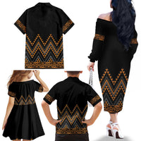 Gold Aotearoa Mangopare Kowhaiwhai and Niho Taniwha Family Matching Off The Shoulder Long Sleeve Dress and Hawaiian Shirt Maori New Zealand