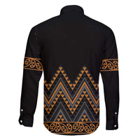 Gold Aotearoa Mangopare Kowhaiwhai and Niho Taniwha Family Matching Off The Shoulder Long Sleeve Dress and Hawaiian Shirt Maori New Zealand