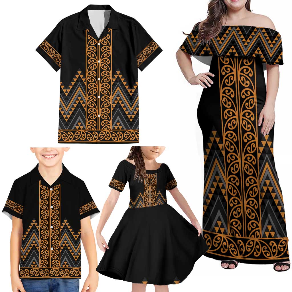 Gold Aotearoa Mangopare Kowhaiwhai and Niho Taniwha Family Matching Off Shoulder Maxi Dress and Hawaiian Shirt Maori New Zealand