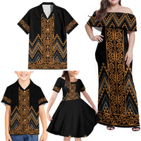 Gold Aotearoa Mangopare Kowhaiwhai and Niho Taniwha Family Matching Off Shoulder Maxi Dress and Hawaiian Shirt Maori New Zealand