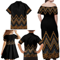 Gold Aotearoa Mangopare Kowhaiwhai and Niho Taniwha Family Matching Off Shoulder Maxi Dress and Hawaiian Shirt Maori New Zealand