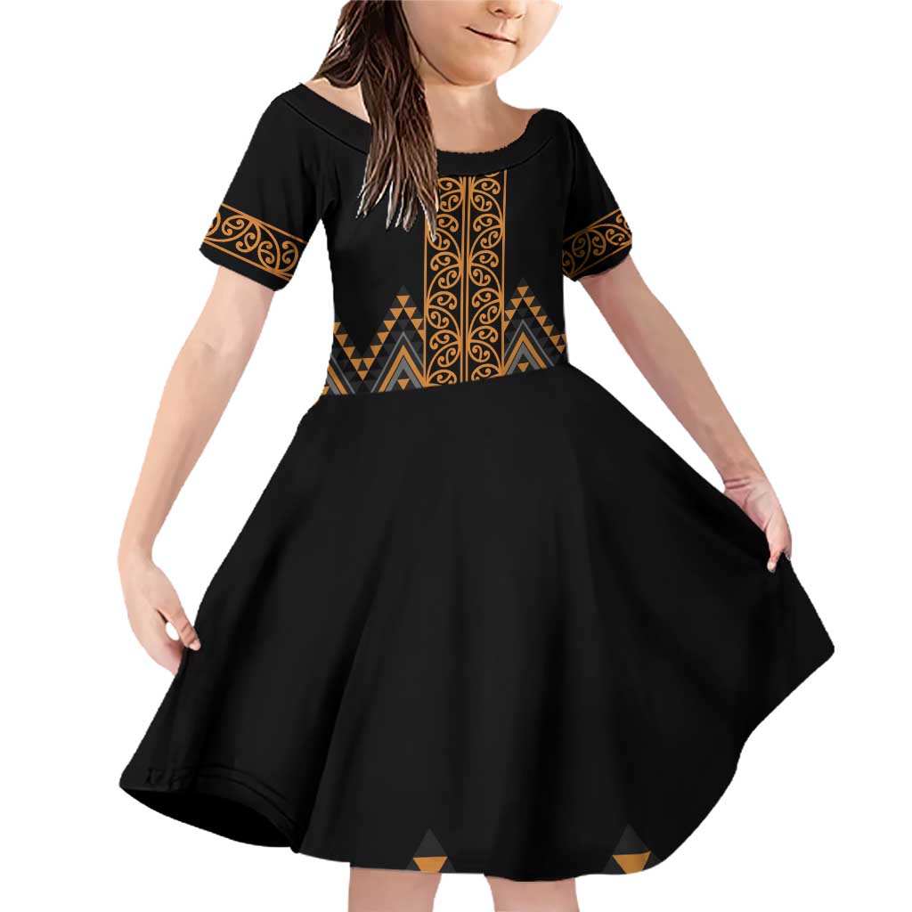 Gold Aotearoa Mangopare Kowhaiwhai and Niho Taniwha Family Matching Off Shoulder Short Dress and Hawaiian Shirt Maori New Zealand