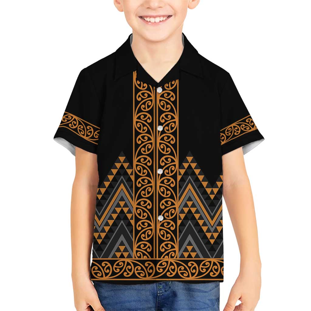 Gold Aotearoa Mangopare Kowhaiwhai and Niho Taniwha Family Matching Off Shoulder Short Dress and Hawaiian Shirt Maori New Zealand