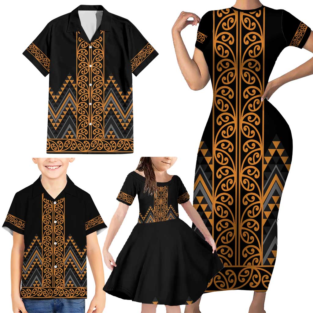 Gold Aotearoa Mangopare Kowhaiwhai and Niho Taniwha Family Matching Short Sleeve Bodycon Dress and Hawaiian Shirt Maori New Zealand