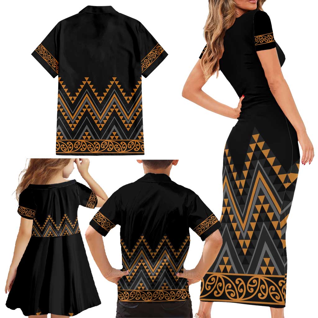 Gold Aotearoa Mangopare Kowhaiwhai and Niho Taniwha Family Matching Short Sleeve Bodycon Dress and Hawaiian Shirt Maori New Zealand