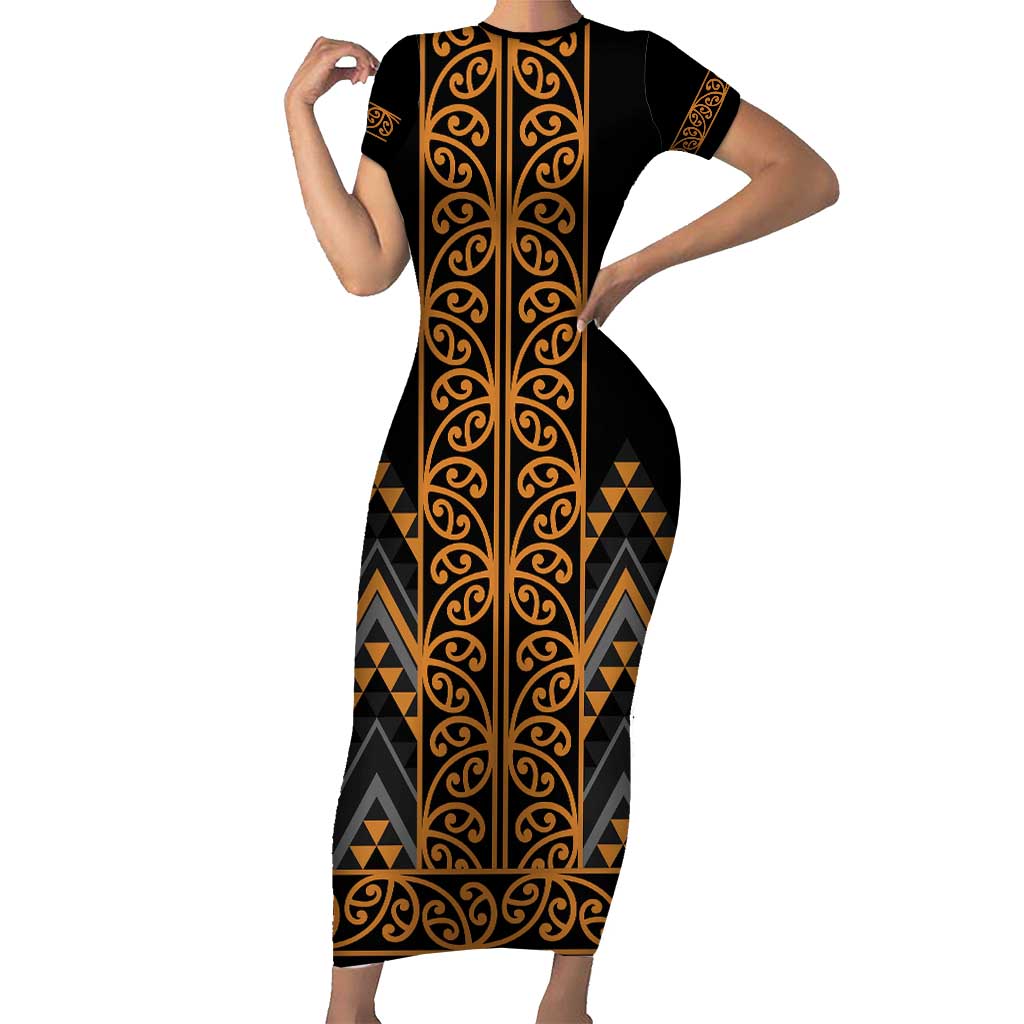 Gold Aotearoa Mangopare Kowhaiwhai and Niho Taniwha Family Matching Short Sleeve Bodycon Dress and Hawaiian Shirt Maori New Zealand