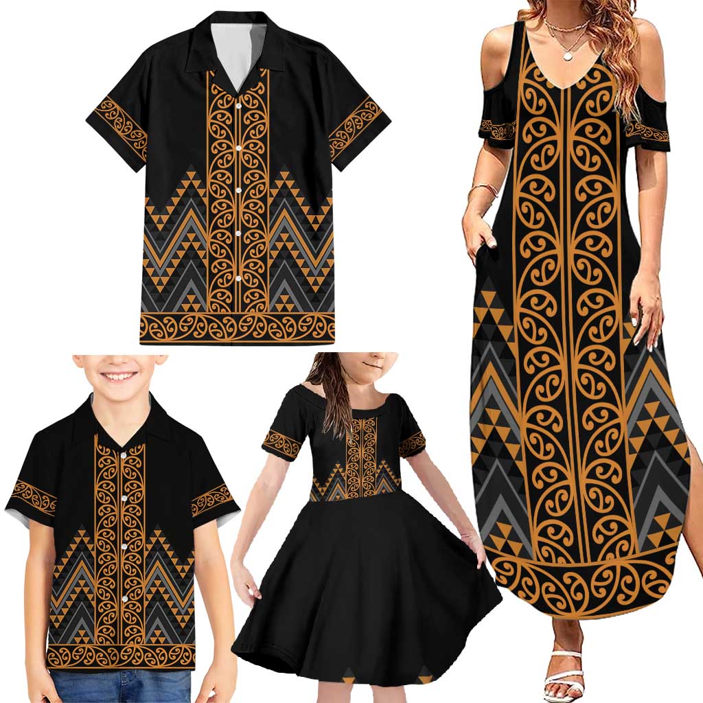 Gold Aotearoa Mangopare Kowhaiwhai and Niho Taniwha Family Matching Summer Maxi Dress and Hawaiian Shirt Maori New Zealand