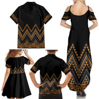 Gold Aotearoa Mangopare Kowhaiwhai and Niho Taniwha Family Matching Summer Maxi Dress and Hawaiian Shirt Maori New Zealand