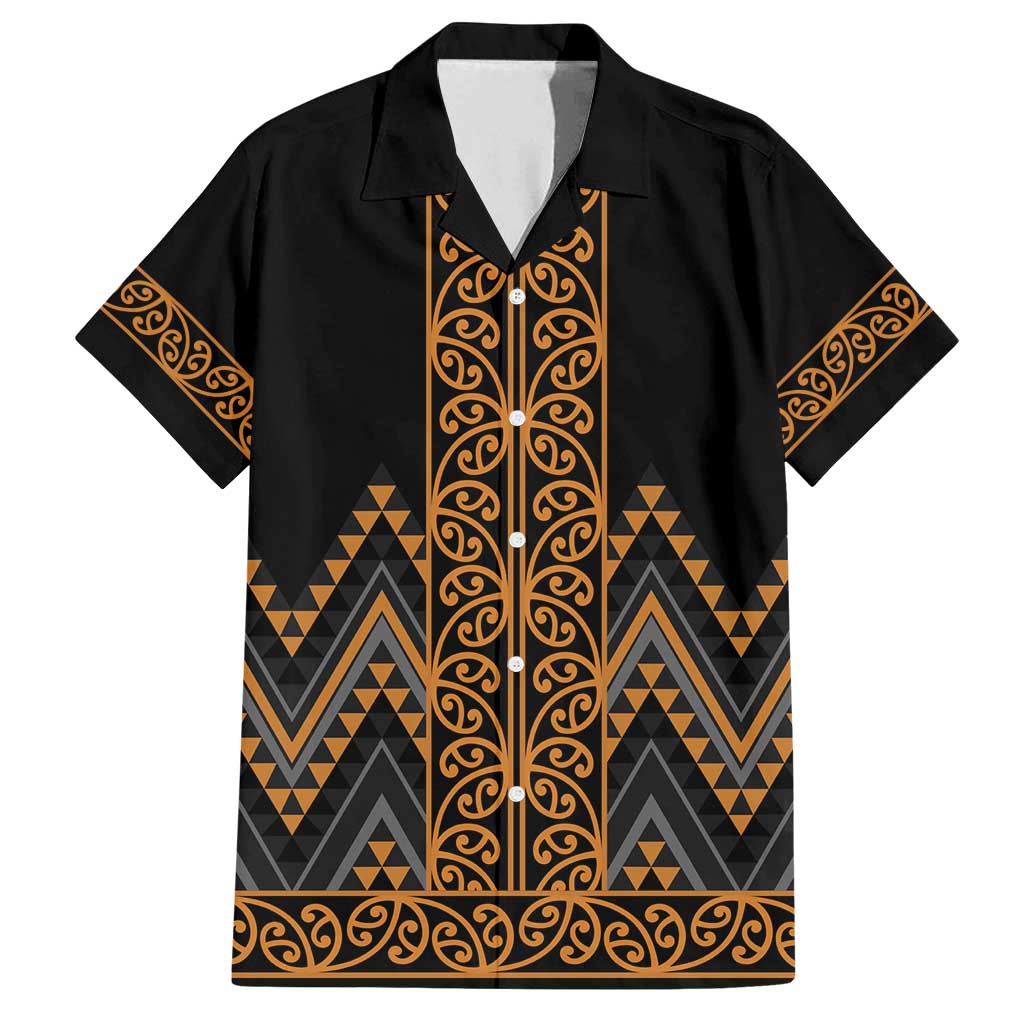 Gold Aotearoa Mangopare Kowhaiwhai and Niho Taniwha Family Matching Summer Maxi Dress and Hawaiian Shirt Maori New Zealand