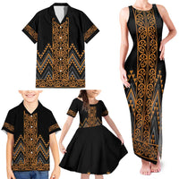 Gold Aotearoa Mangopare Kowhaiwhai and Niho Taniwha Family Matching Tank Maxi Dress and Hawaiian Shirt Maori New Zealand