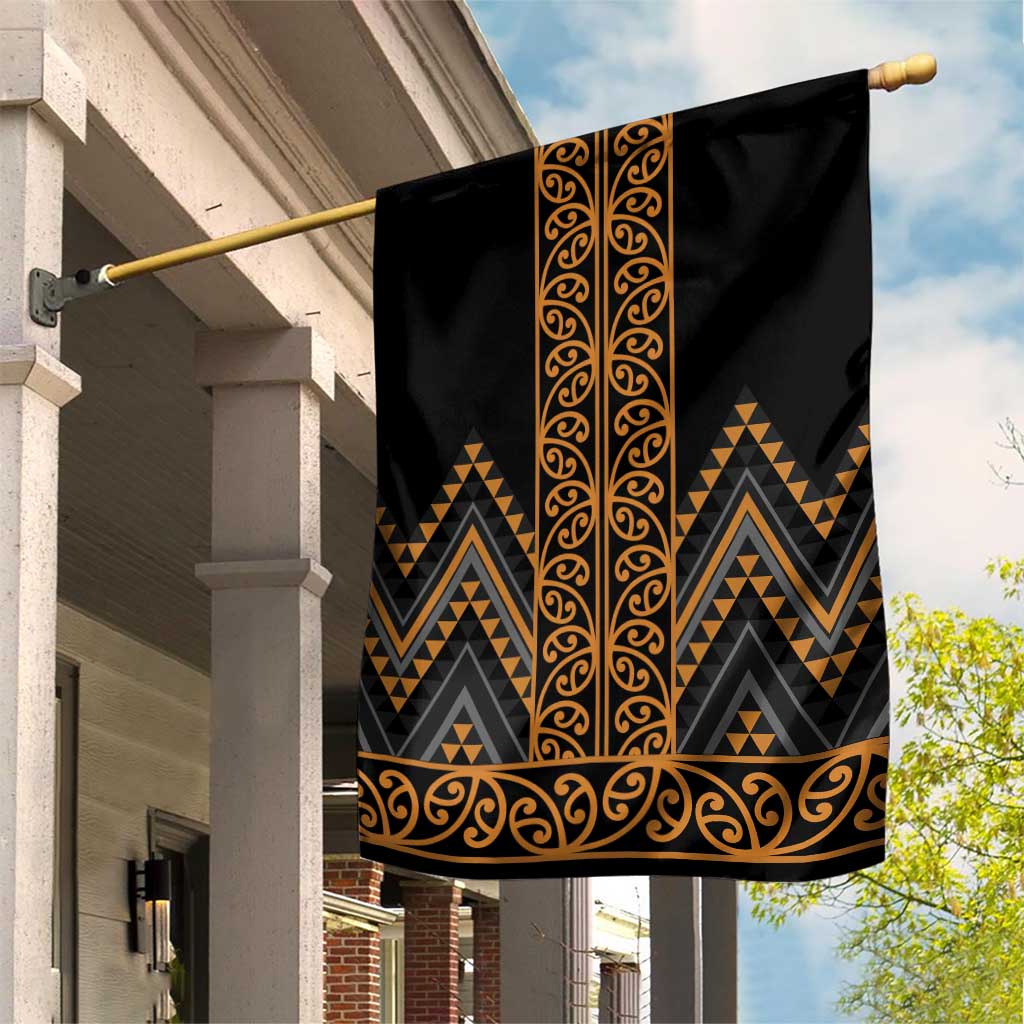 Gold Aotearoa Mangopare Kowhaiwhai and Niho Taniwha Garden Flag Maori New Zealand