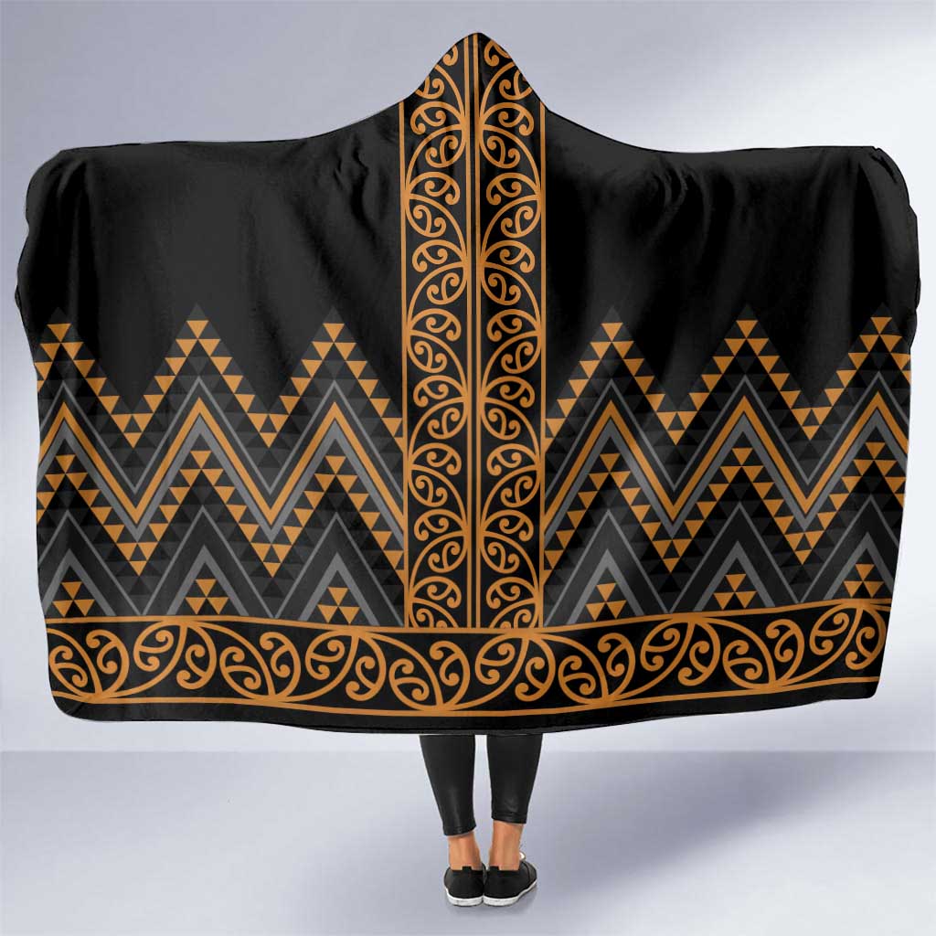 Gold Aotearoa Mangopare Kowhaiwhai and Niho Taniwha Hooded Blanket Maori New Zealand