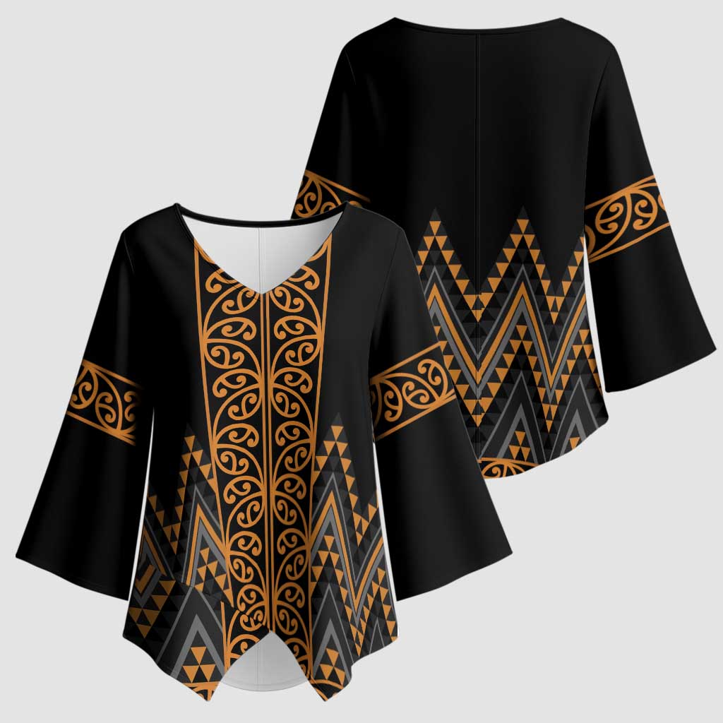 Gold Aotearoa Mangopare Kowhaiwhai Niho Taniwha Kimono Sleeve Blouse Maori New Zealand - Polynesian Pride