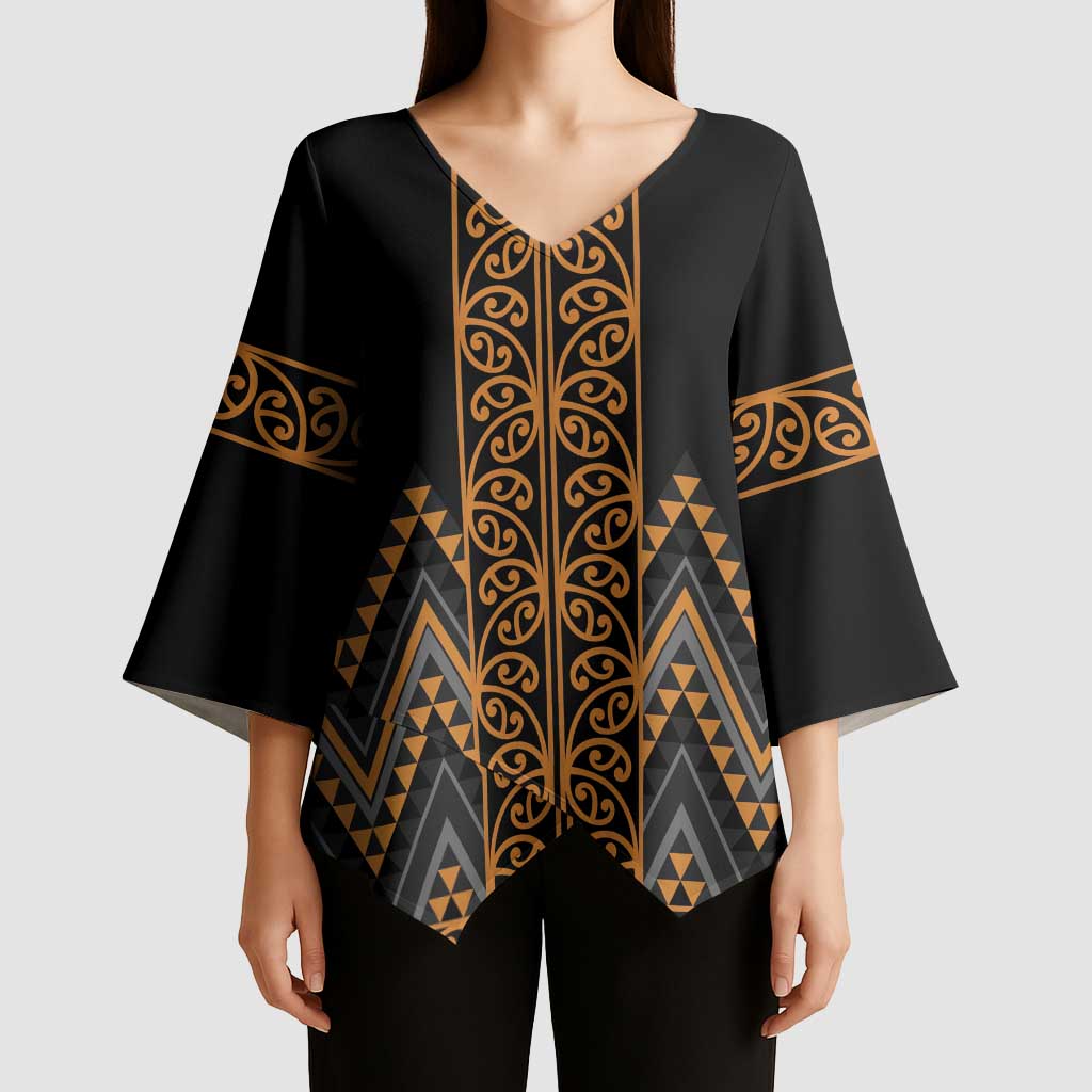 Gold Aotearoa Mangopare Kowhaiwhai Niho Taniwha Kimono Sleeve Blouse Maori New Zealand - Polynesian Pride