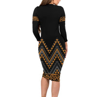 Gold Aotearoa Mangopare Kowhaiwhai and Niho Taniwha Long Sleeve Bodycon Dress Maori New Zealand