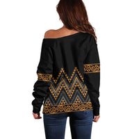 Gold Aotearoa Mangopare Kowhaiwhai and Niho Taniwha Off Shoulder Sweater Maori New Zealand