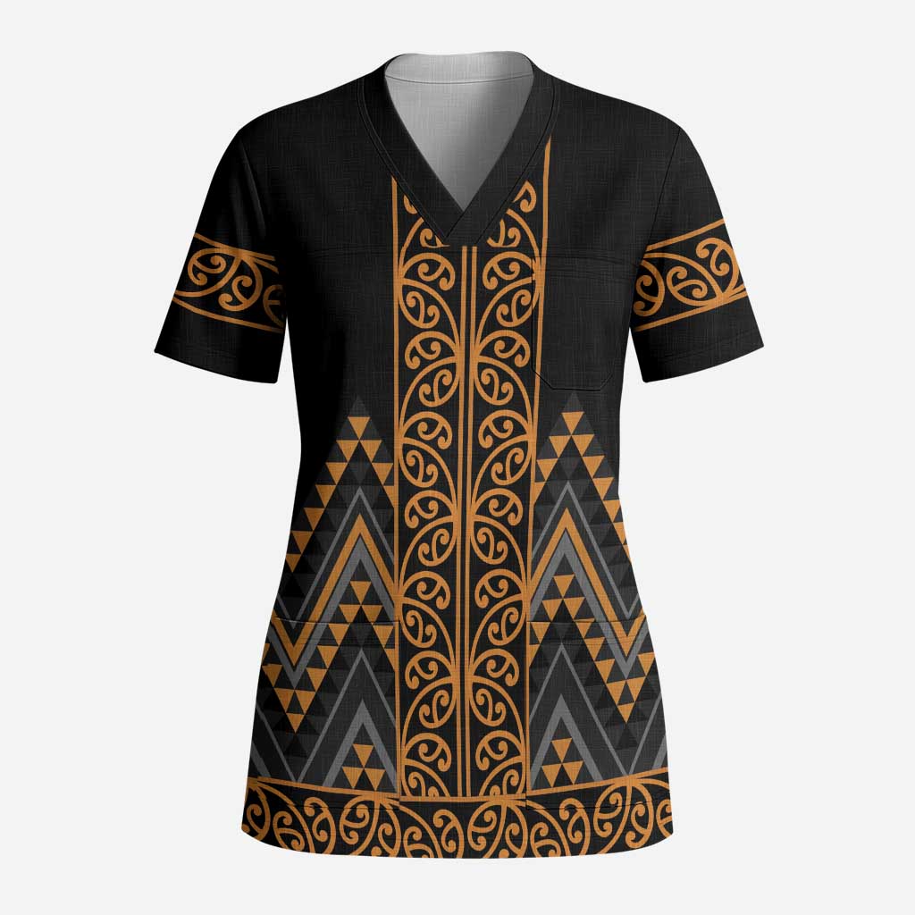 Gold Aotearoa Mangopare Kowhaiwhai and Niho Taniwha Scrub Top Maori New Zealand - Polynesian Pride