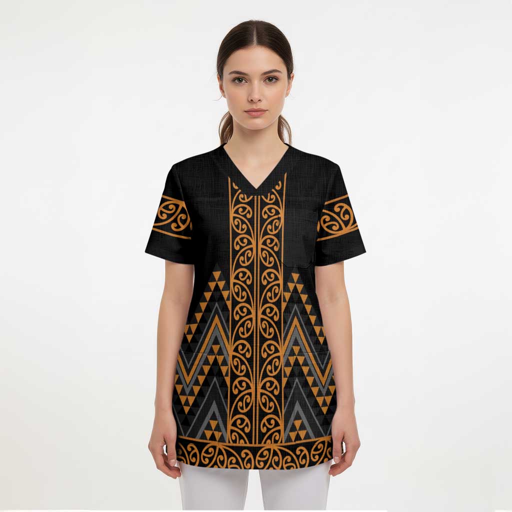 Gold Aotearoa Mangopare Kowhaiwhai and Niho Taniwha Scrub Top Maori New Zealand - Polynesian Pride