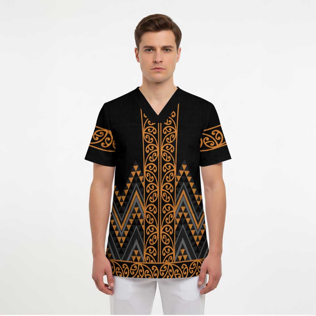 Gold Aotearoa Mangopare Kowhaiwhai and Niho Taniwha Scrub Top Maori New Zealand - Polynesian Pride