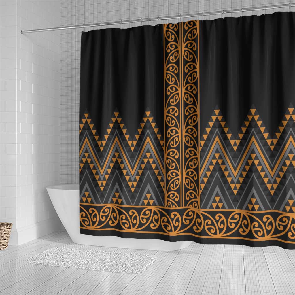 Gold Aotearoa Mangopare Kowhaiwhai and Niho Taniwha Shower Curtain Maori New Zealand
