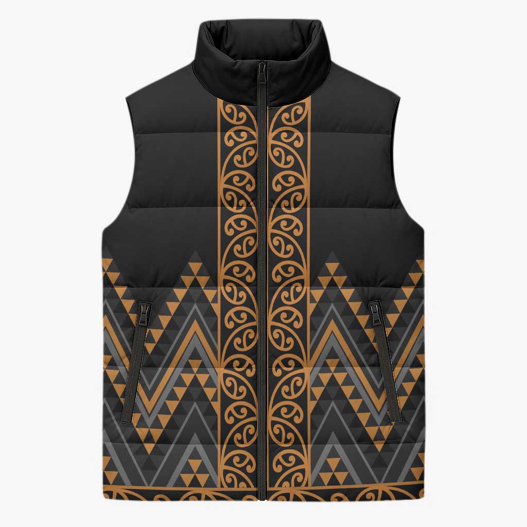 Gold Aotearoa Mangopare Kowhaiwhai Niho Taniwha Sleeveless Puffer Jacket Maori New Zealand - Polynesian Pride