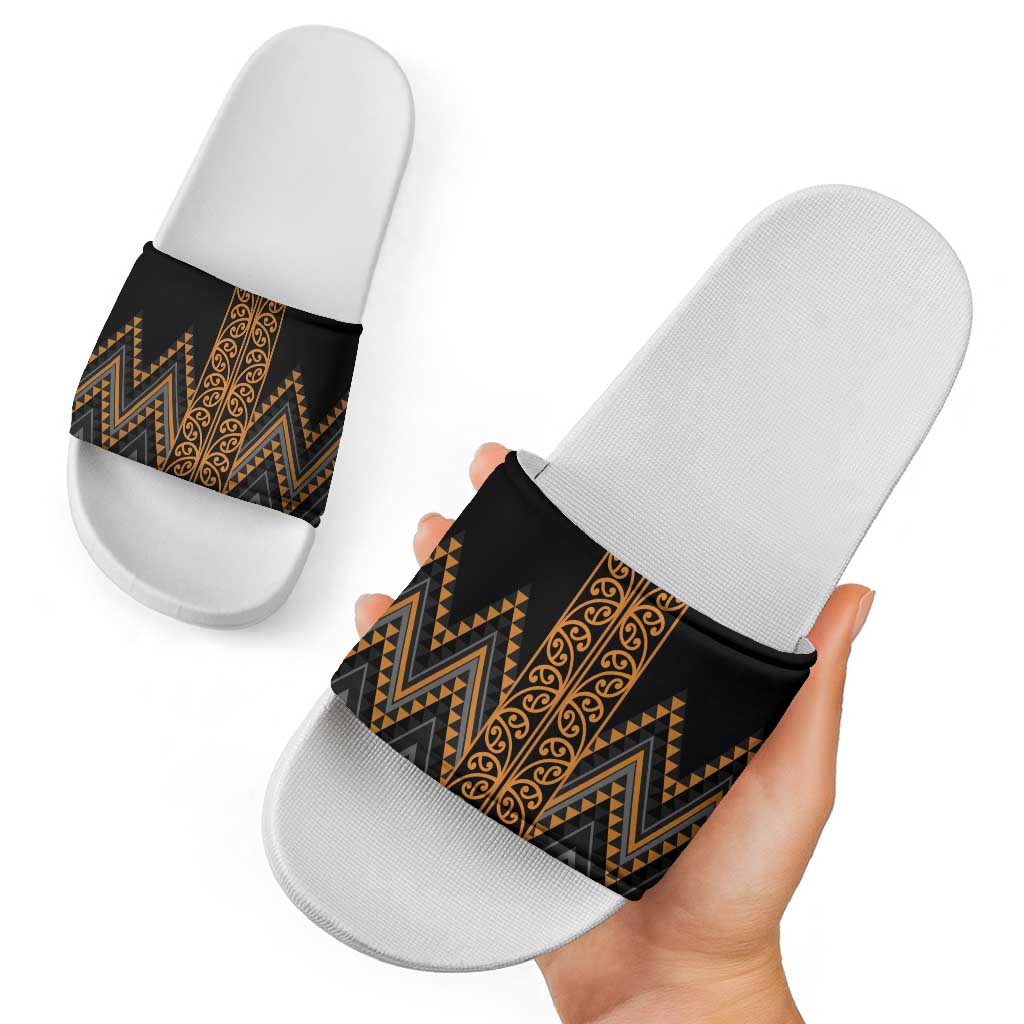 Gold Aotearoa Mangopare Kowhaiwhai Niho Taniwha Slide Sandals Maori New Zealand - Polynesian Pride