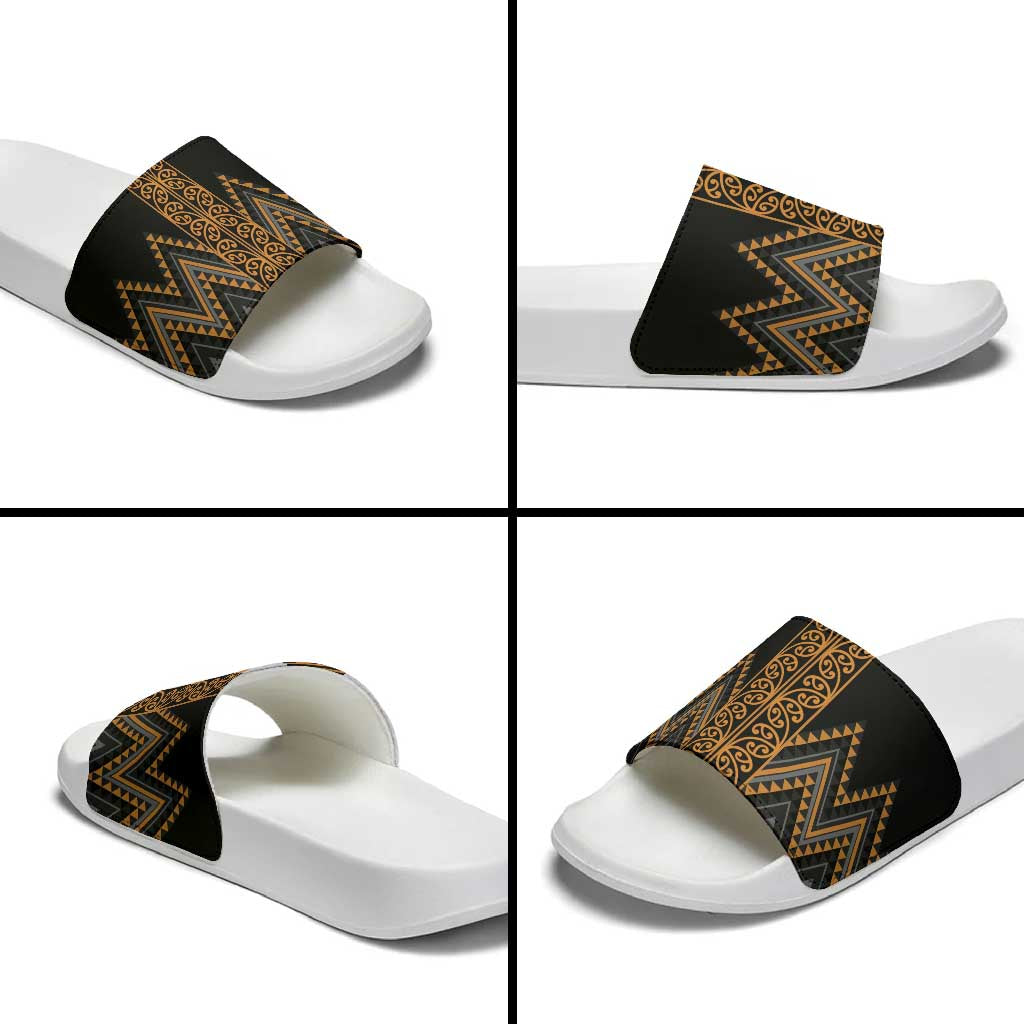 Gold Aotearoa Mangopare Kowhaiwhai Niho Taniwha Slide Sandals Maori New Zealand - Polynesian Pride
