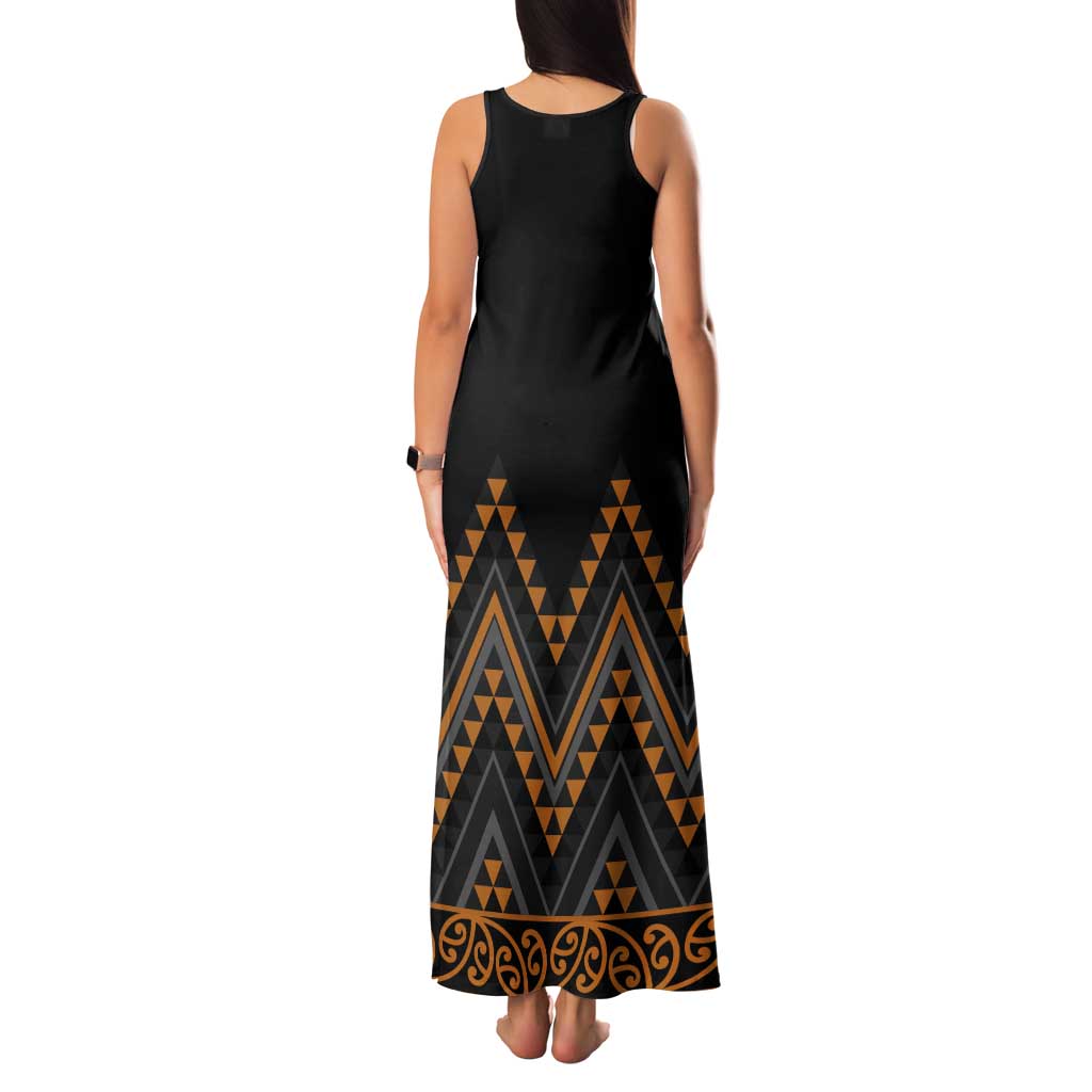 Gold Aotearoa Mangopare Kowhaiwhai and Niho Taniwha Tank Maxi Dress Maori New Zealand