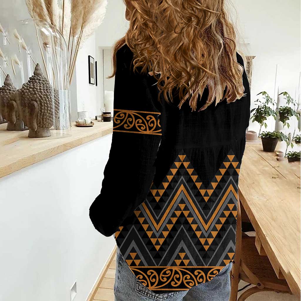 Gold Aotearoa Mangopare Kowhaiwhai and Niho Taniwha Women Casual Shirt Maori New Zealand