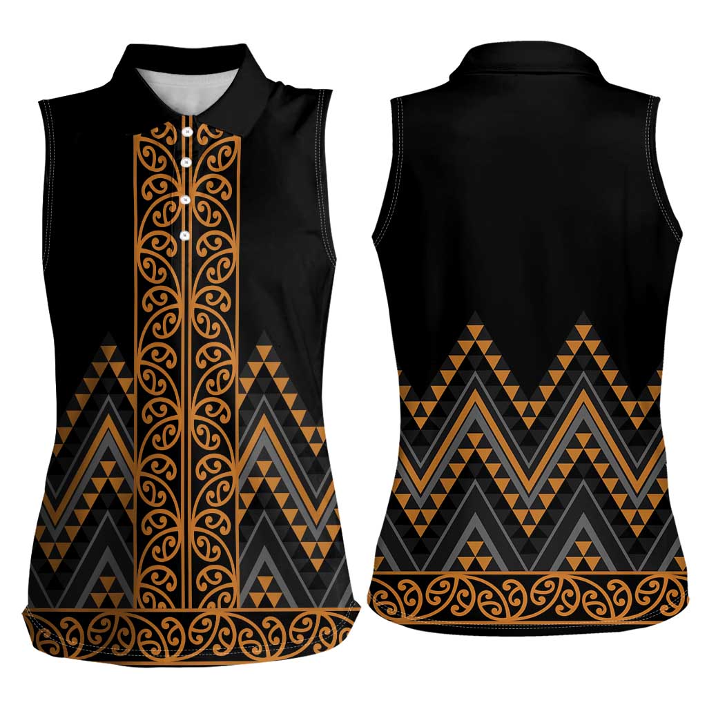 Gold Aotearoa Mangopare Kowhaiwhai and Niho Taniwha Women Sleeveless Polo Shirt Maori New Zealand