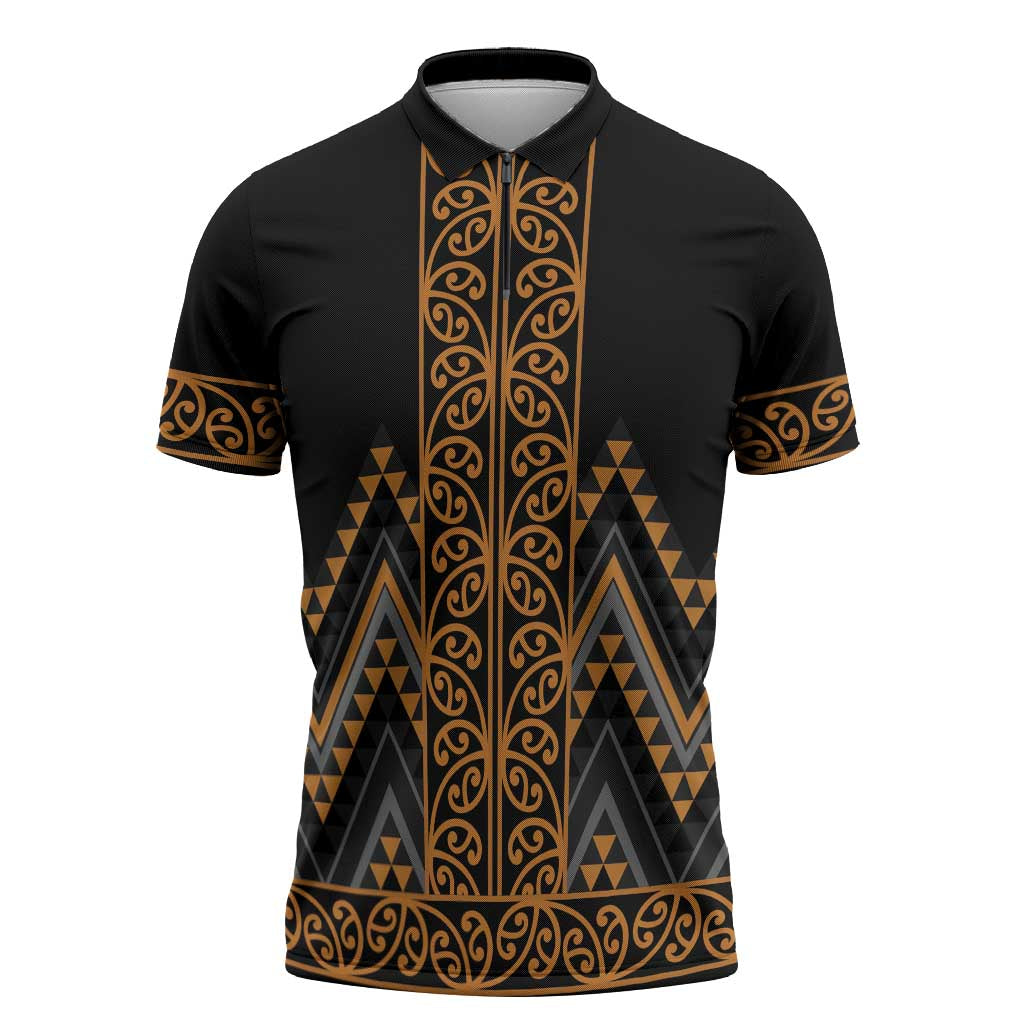 Gold Aotearoa Mangopare Kowhaiwhai Niho Taniwha Zipper Polo Shirt Maori New Zealand - Polynesian Pride