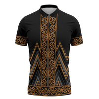 Gold Aotearoa Mangopare Kowhaiwhai Niho Taniwha Zipper Polo Shirt Maori New Zealand - Polynesian Pride