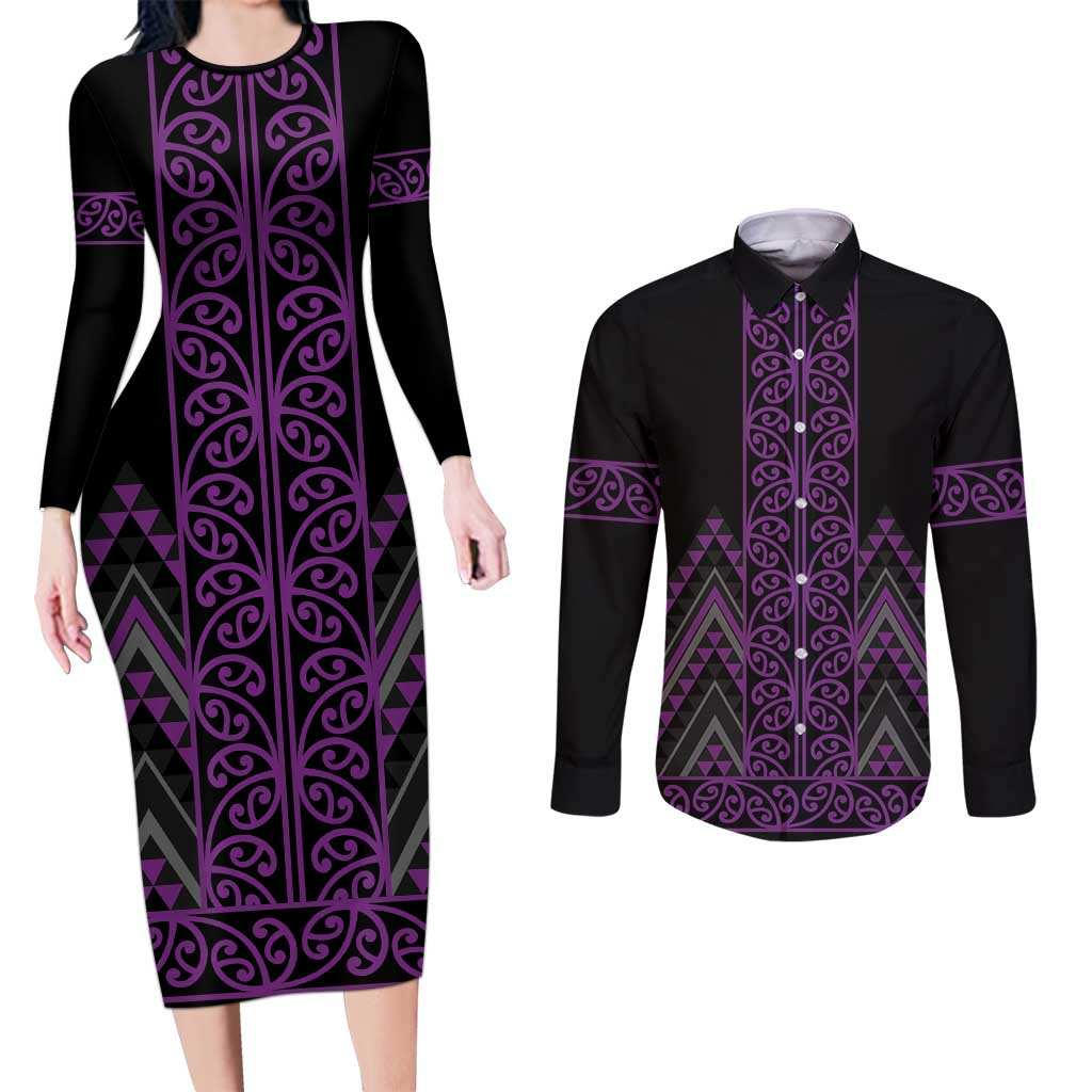 Purple Aotearoa Mangopare Kowhaiwhai and Niho Taniwha Couples Matching Long Sleeve Bodycon Dress and Long Sleeve Button Shirt Maori New Zealand