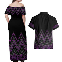 Purple Aotearoa Mangopare Kowhaiwhai and Niho Taniwha Couples Matching Off Shoulder Maxi Dress and Hawaiian Shirt Maori New Zealand