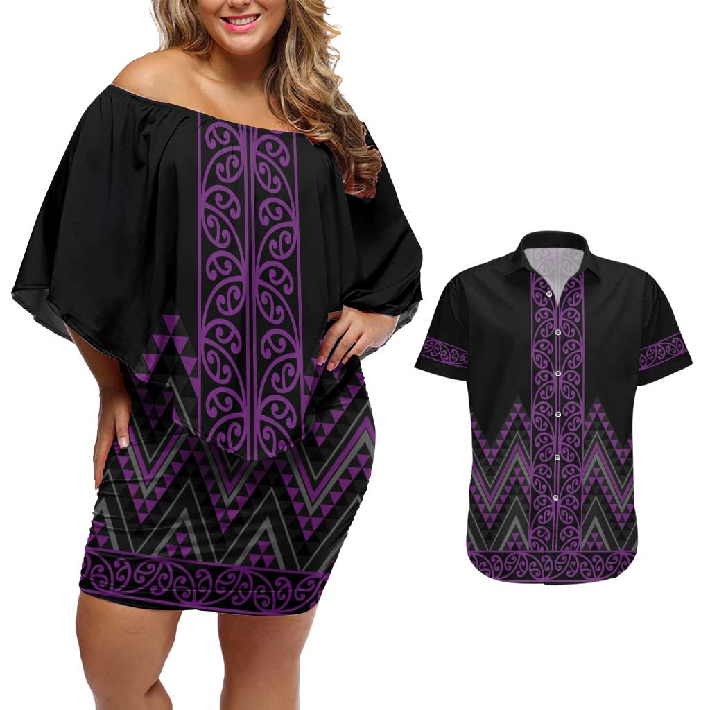 Purple Aotearoa Mangopare Kowhaiwhai and Niho Taniwha Couples Matching Off Shoulder Short Dress and Hawaiian Shirt Maori New Zealand