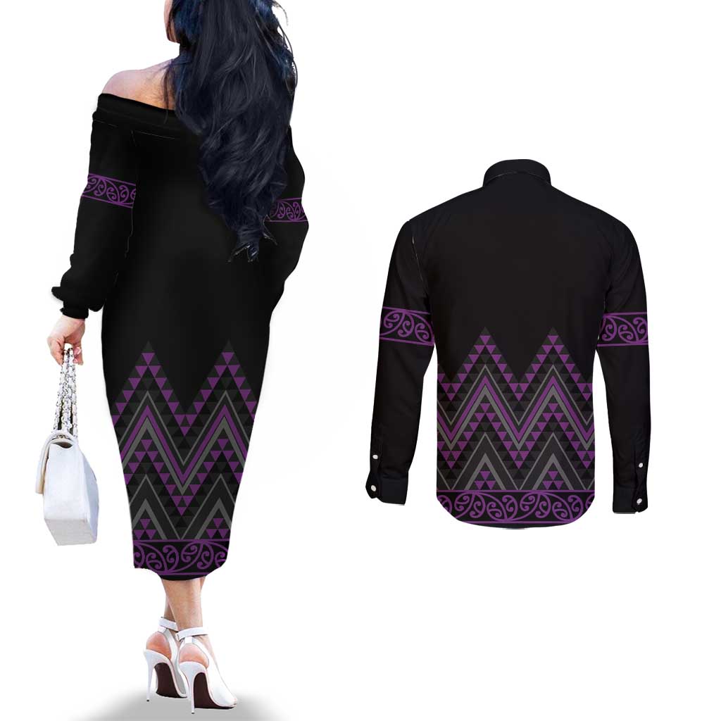 Purple Aotearoa Mangopare Kowhaiwhai and Niho Taniwha Couples Matching Off The Shoulder Long Sleeve Dress and Long Sleeve Button Shirt Maori New Zealand