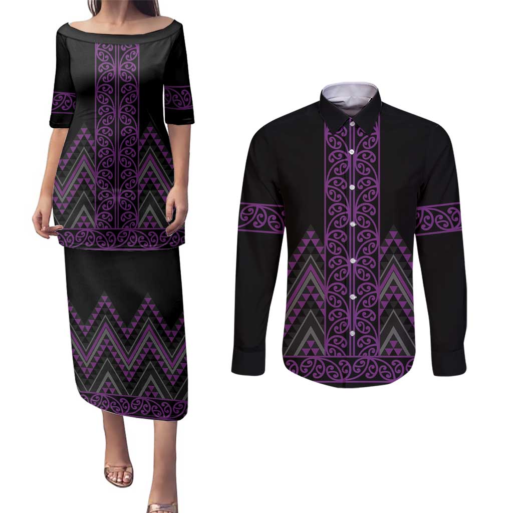 Purple Aotearoa Mangopare Kowhaiwhai and Niho Taniwha Couples Matching Puletasi and Long Sleeve Button Shirt Maori New Zealand