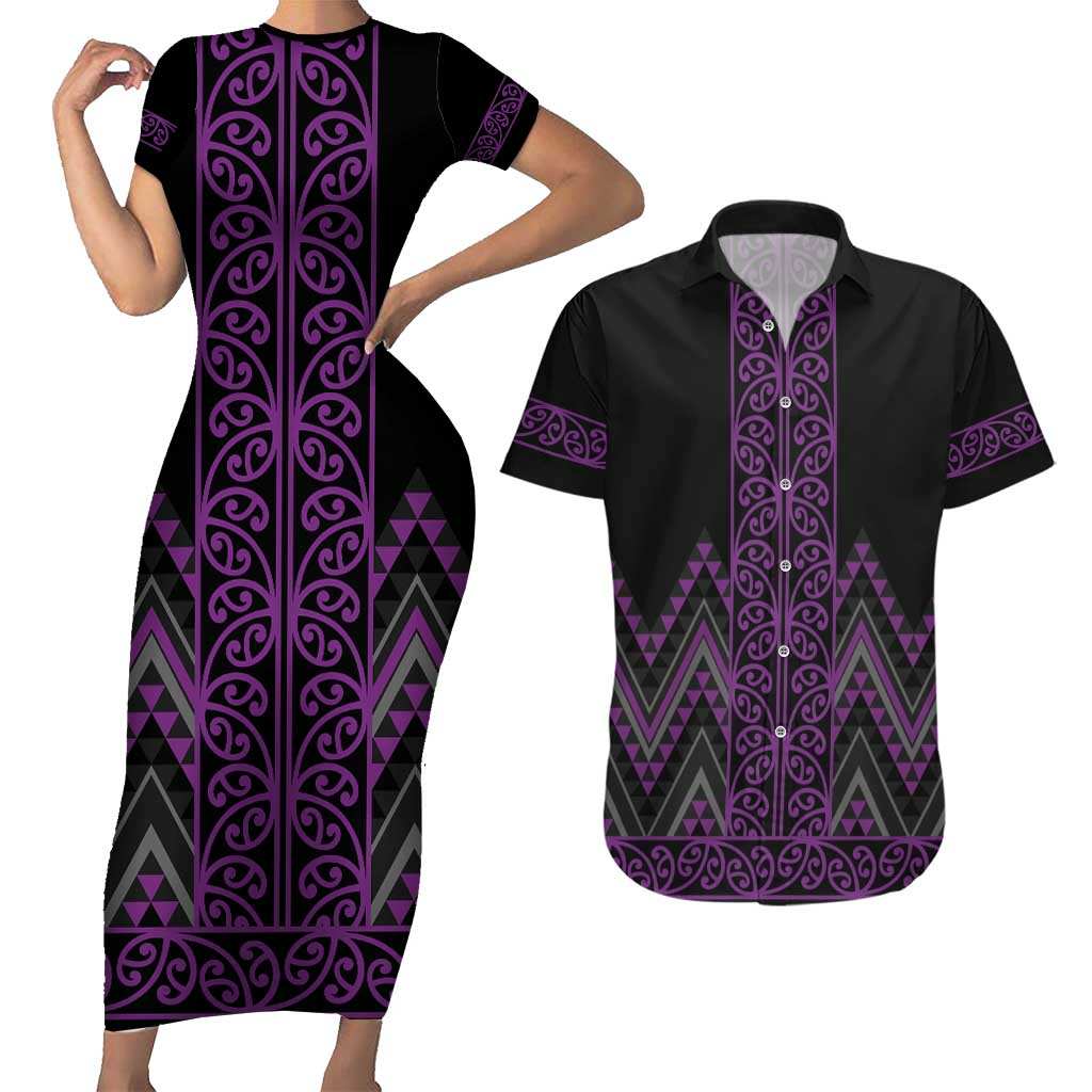 Purple Aotearoa Mangopare Kowhaiwhai and Niho Taniwha Couples Matching Short Sleeve Bodycon Dress and Hawaiian Shirt Maori New Zealand