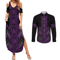 Purple Aotearoa Mangopare Kowhaiwhai and Niho Taniwha Couples Matching Summer Maxi Dress and Long Sleeve Button Shirt Maori New Zealand