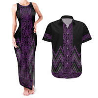 Purple Aotearoa Mangopare Kowhaiwhai and Niho Taniwha Couples Matching Tank Maxi Dress and Hawaiian Shirt Maori New Zealand