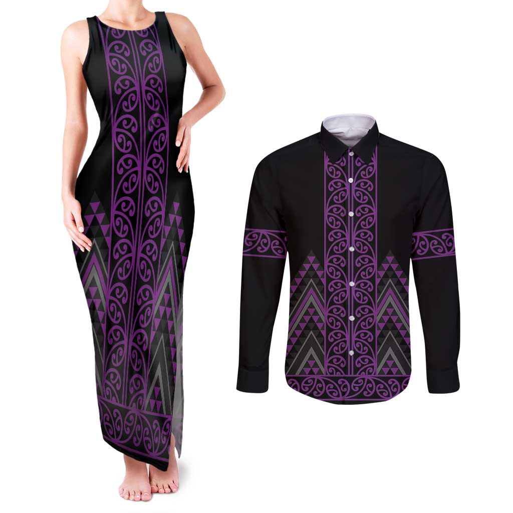 Purple Aotearoa Mangopare Kowhaiwhai and Niho Taniwha Couples Matching Tank Maxi Dress and Long Sleeve Button Shirt Maori New Zealand