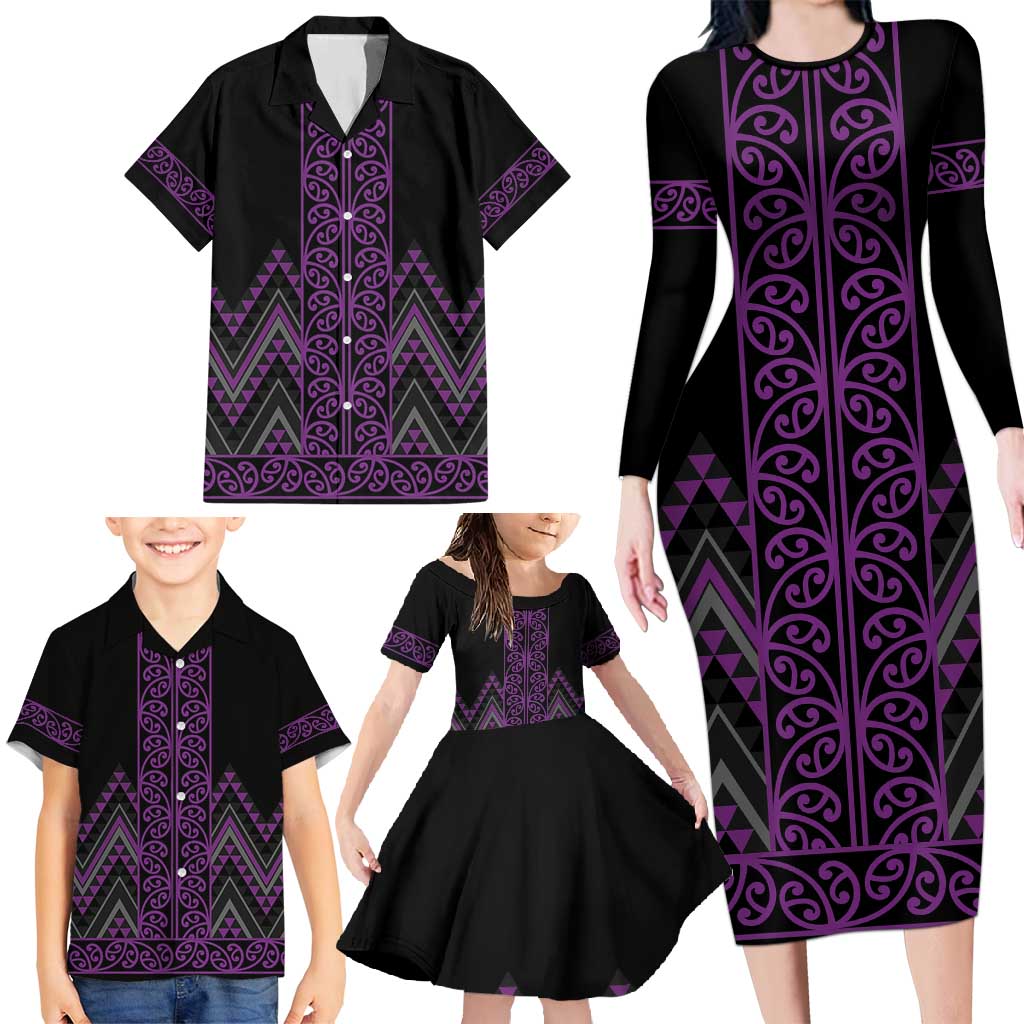 Purple Aotearoa Mangopare Kowhaiwhai and Niho Taniwha Family Matching Long Sleeve Bodycon Dress and Hawaiian Shirt Maori New Zealand