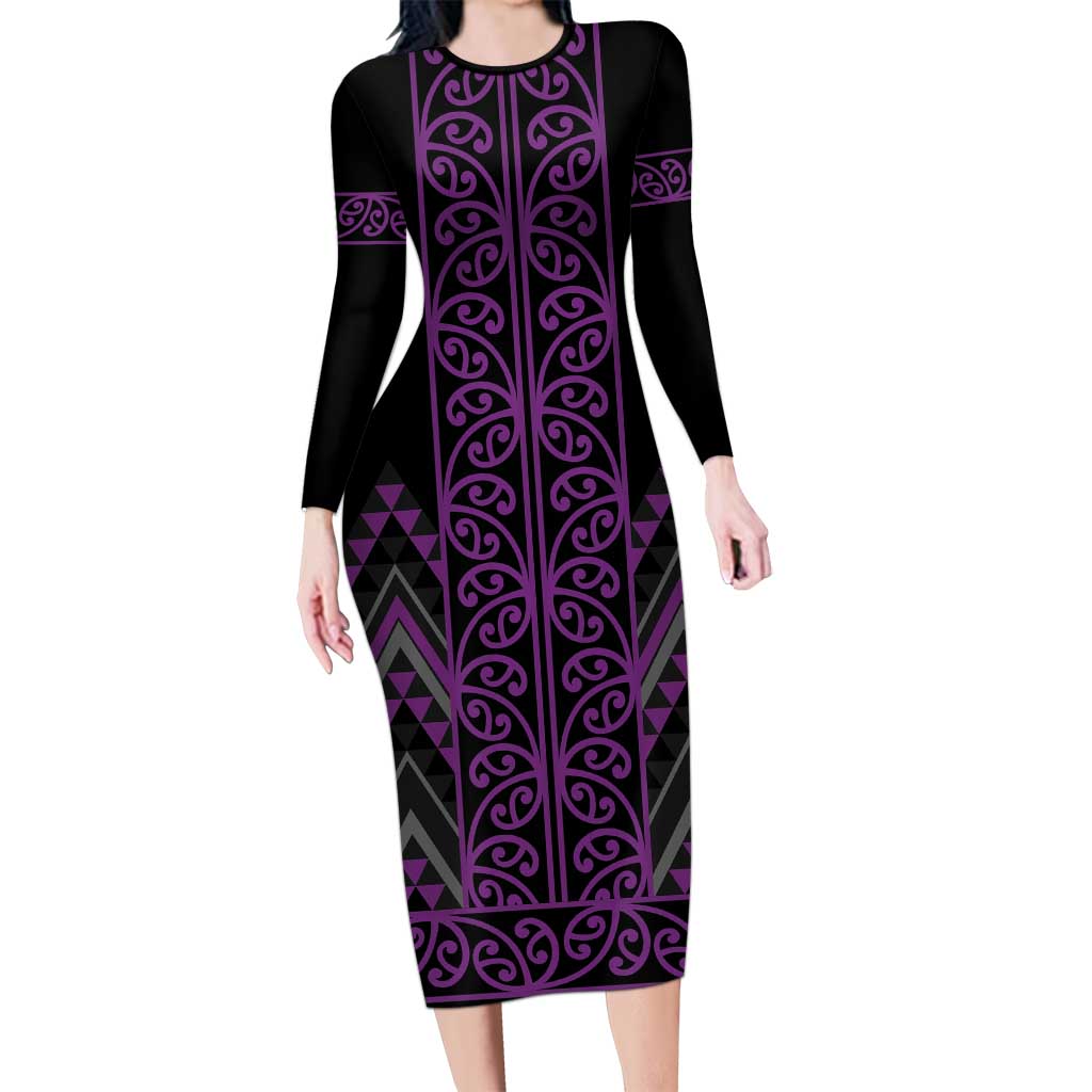 Purple Aotearoa Mangopare Kowhaiwhai and Niho Taniwha Family Matching Long Sleeve Bodycon Dress and Hawaiian Shirt Maori New Zealand