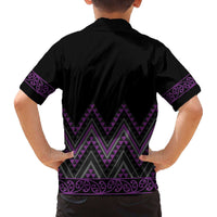 Purple Aotearoa Mangopare Kowhaiwhai and Niho Taniwha Family Matching Off The Shoulder Long Sleeve Dress and Hawaiian Shirt Maori New Zealand