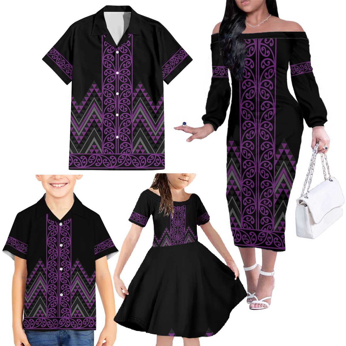 Purple Aotearoa Mangopare Kowhaiwhai and Niho Taniwha Family Matching Off The Shoulder Long Sleeve Dress and Hawaiian Shirt Maori New Zealand