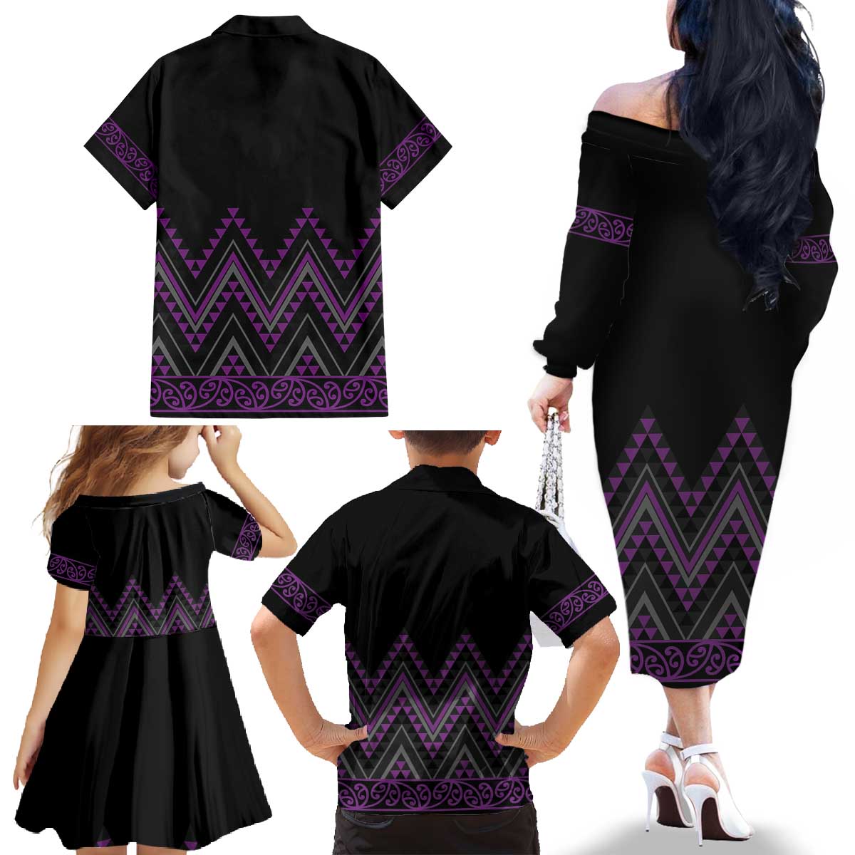 Purple Aotearoa Mangopare Kowhaiwhai and Niho Taniwha Family Matching Off The Shoulder Long Sleeve Dress and Hawaiian Shirt Maori New Zealand