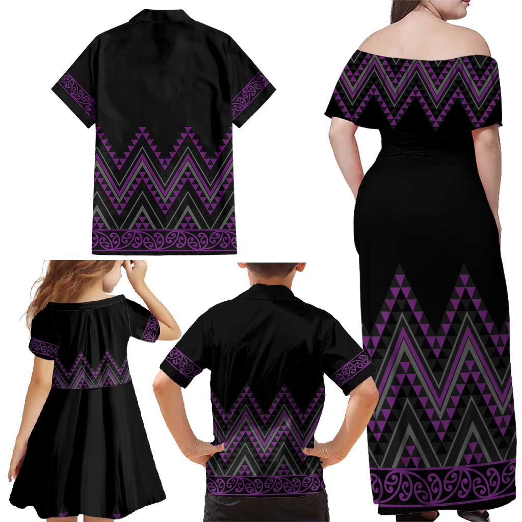 Purple Aotearoa Mangopare Kowhaiwhai and Niho Taniwha Family Matching Off Shoulder Maxi Dress and Hawaiian Shirt Maori New Zealand