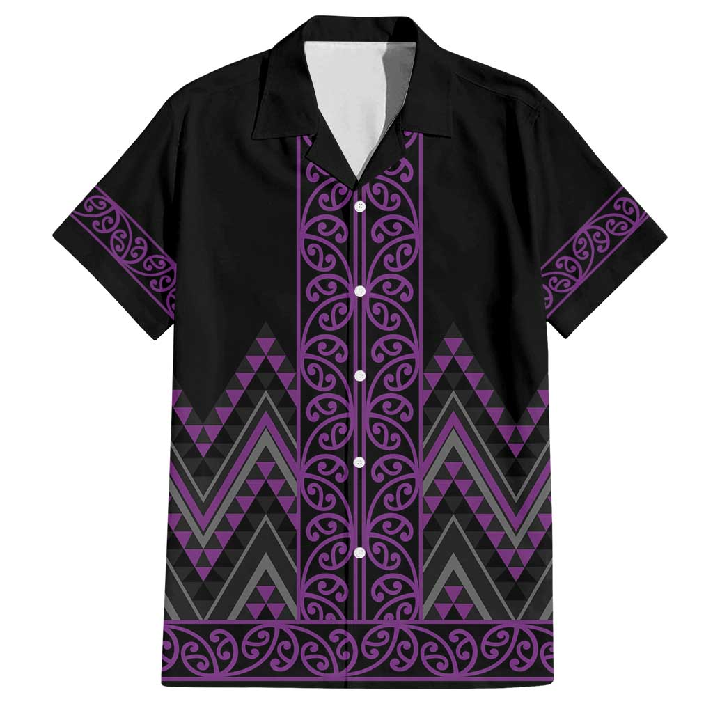 Purple Aotearoa Mangopare Kowhaiwhai and Niho Taniwha Family Matching Off Shoulder Maxi Dress and Hawaiian Shirt Maori New Zealand