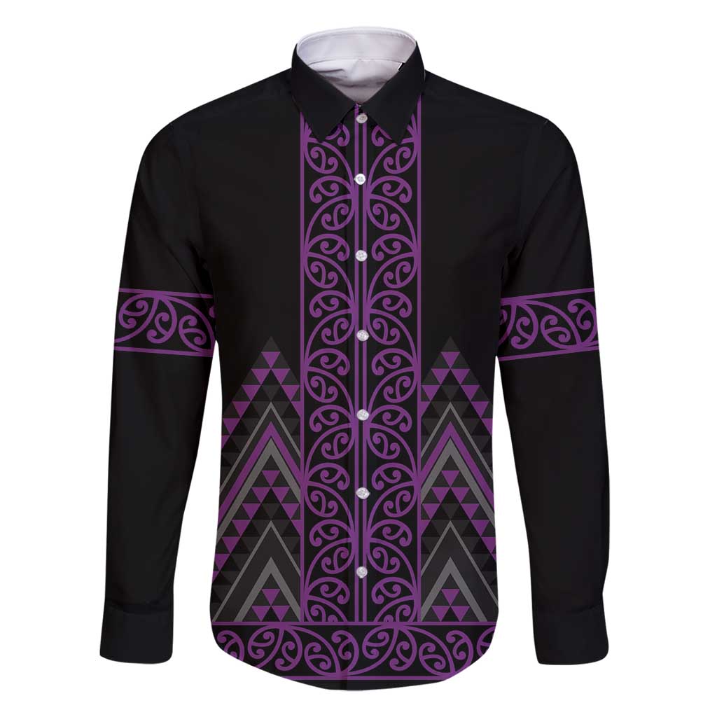 Purple Aotearoa Mangopare Kowhaiwhai and Niho Taniwha Family Matching Off Shoulder Short Dress and Hawaiian Shirt Maori New Zealand